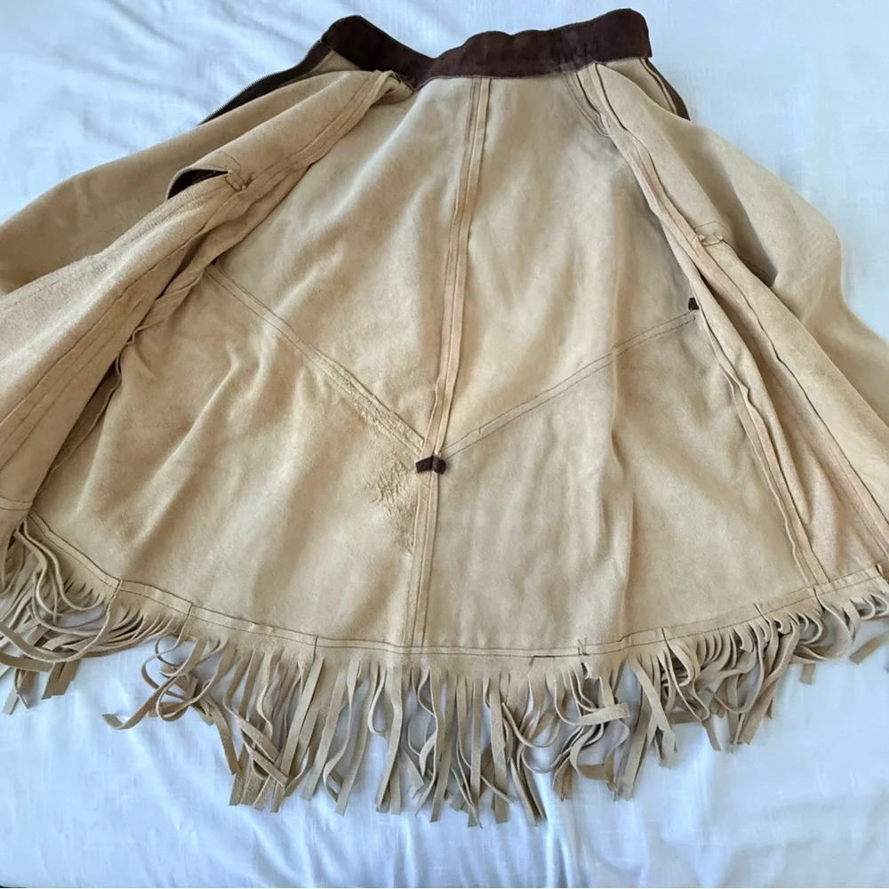 Vintage Hand Burned Pyrography Suede Leather Mexican Fringed Poncho - Picture 8 of 8